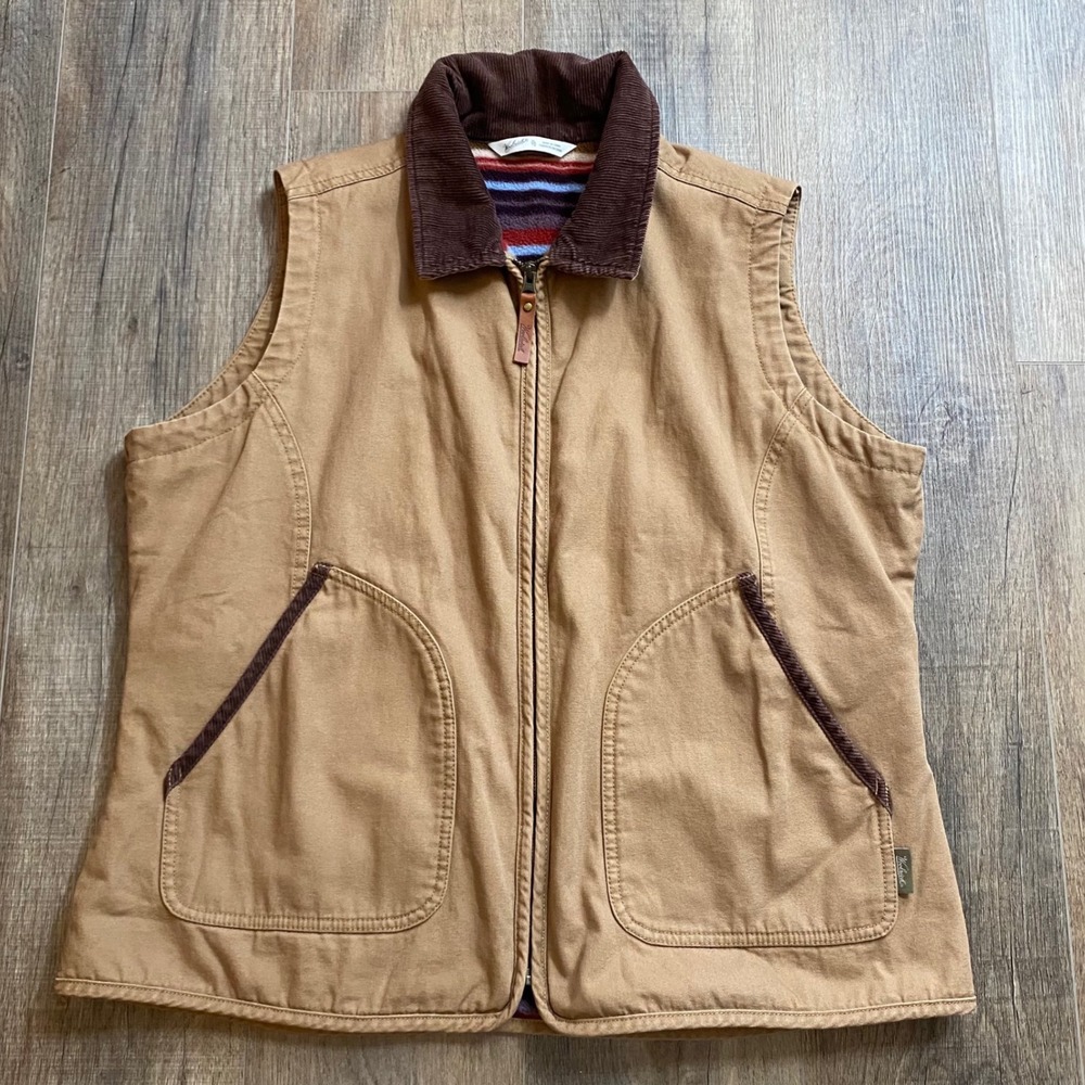 Woolrich Womens XL Tan Canvas Utility Vest Fleece Lined Corduroy Trim Full Zip